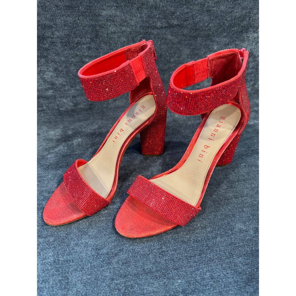 Gianni Bini Red Rhinestone Block Heel Sandals Ankle Strap Back Zip Size 9.5M